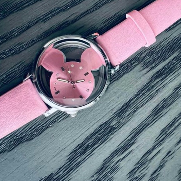 🩷 New! Pink & Silver Hallowed Mickey Mouse Ears Watch w Faux Leather Strap - Picture 3 of 7